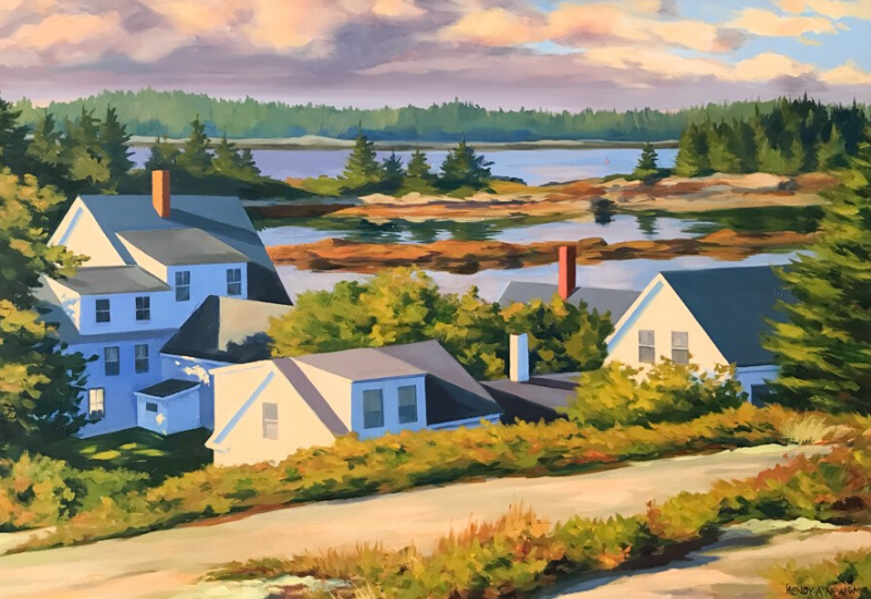 painting of houses on inlet of sea - Shopping Rockland Maine - Archipelago